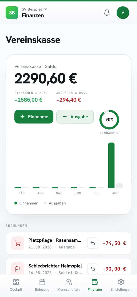 Vereinskasse am Handy mit Saldo, Monatsverlauf und Buchungen