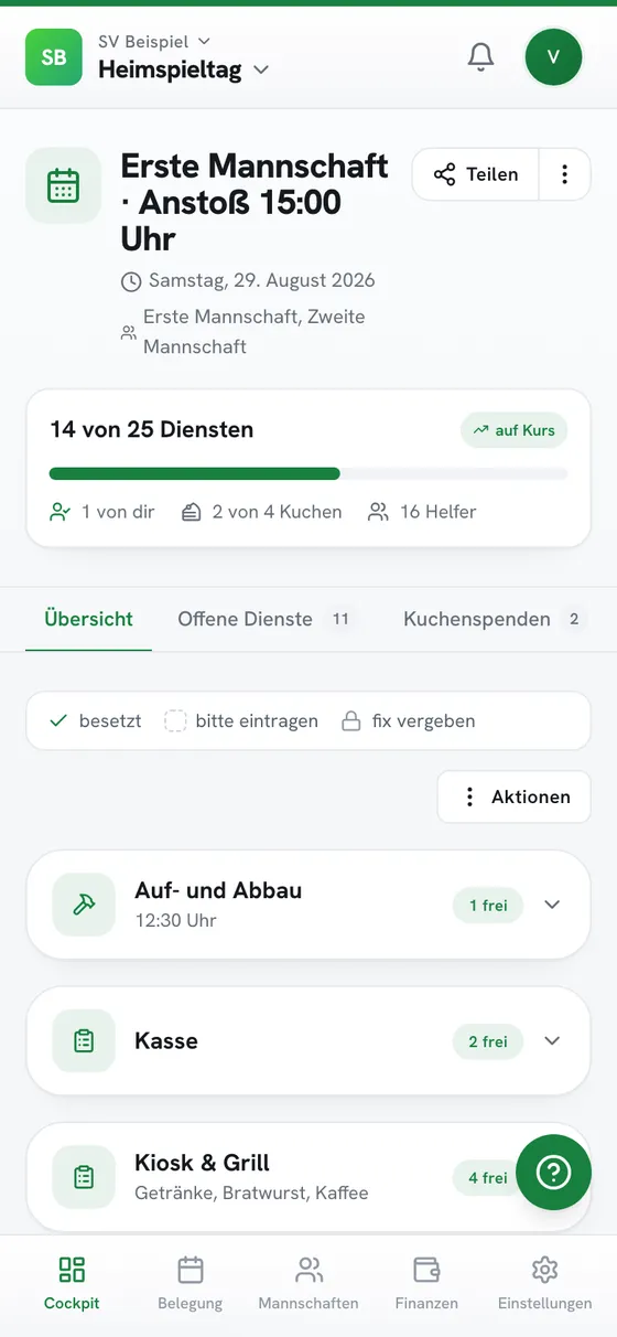 Helferplan „Heimspieltag“ am Handy: 14 von 25 Diensten besetzt