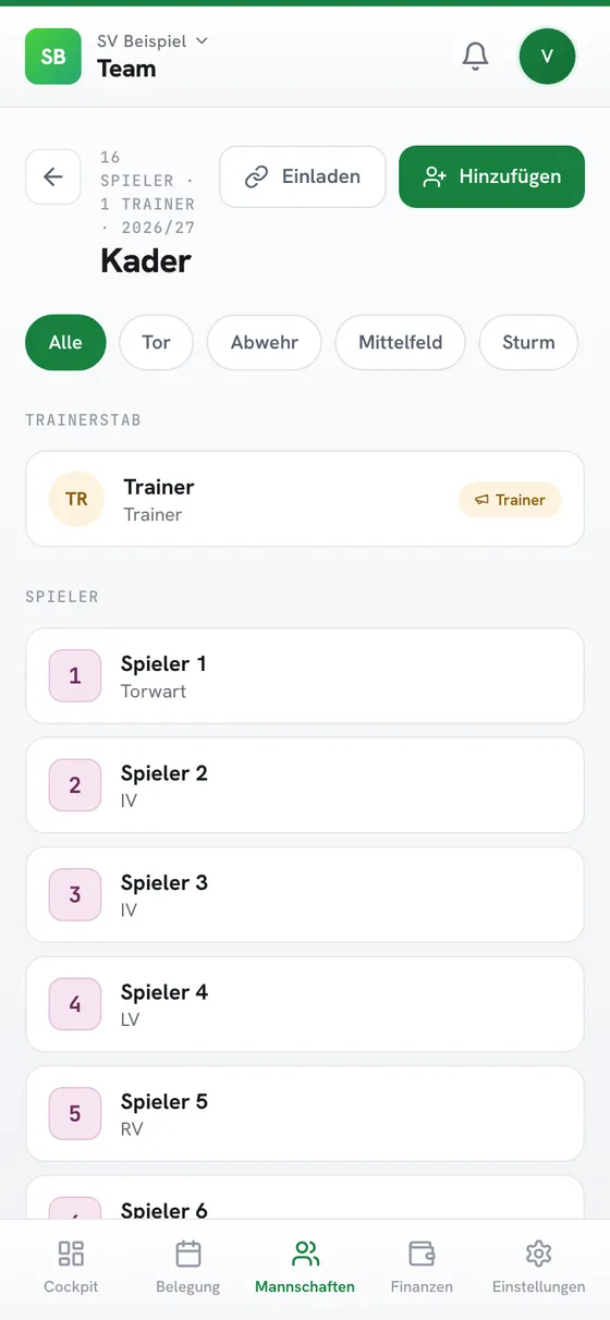 Kader am Handy: Trainerstab und Spieler mit Nummern und Positionen
