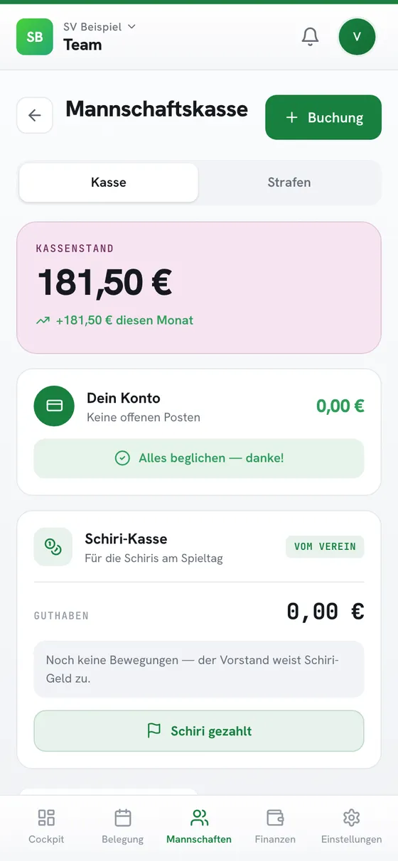 Mannschaftskasse am Handy: Kassenstand, eigenes Konto, Schiri-Kasse