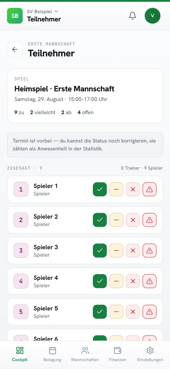 Teilnehmerliste eines Heimspiels am Handy: Zu- und Absagen je Spieler