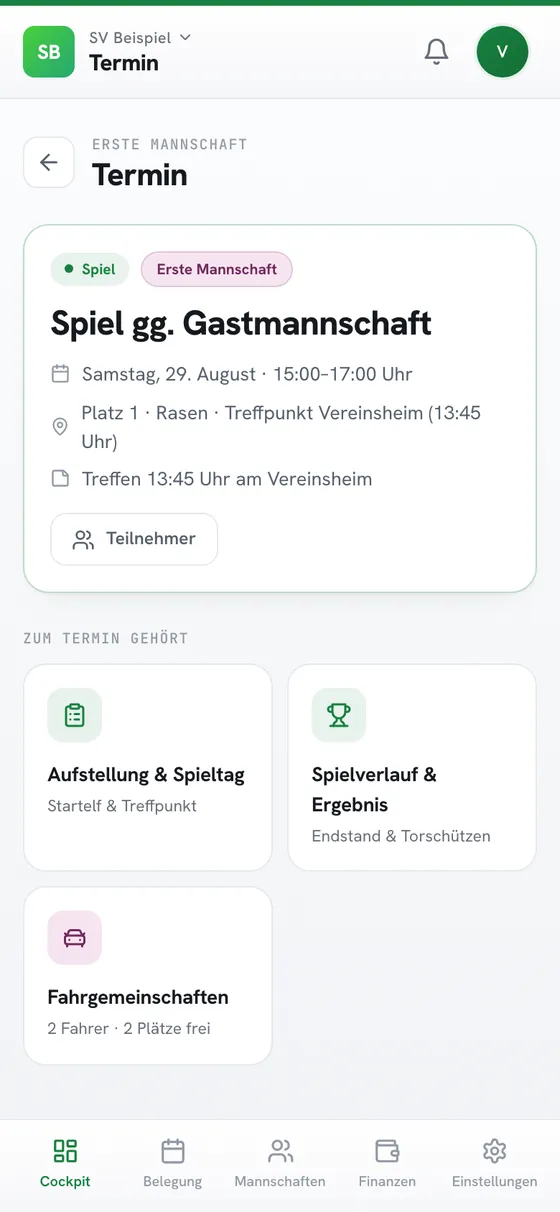 Termin-Detail: Spiel gegen die Gastmannschaft mit Treffpunkt und Treffzeit