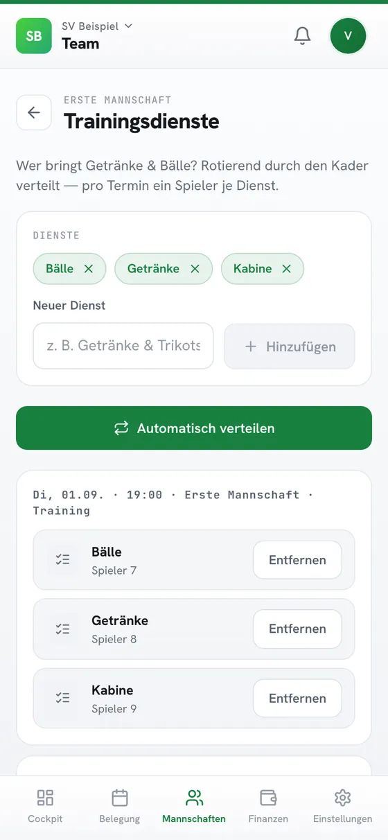 Trainingsdienste: Bälle, Getränke, Kabine automatisch auf Spieler verteilt