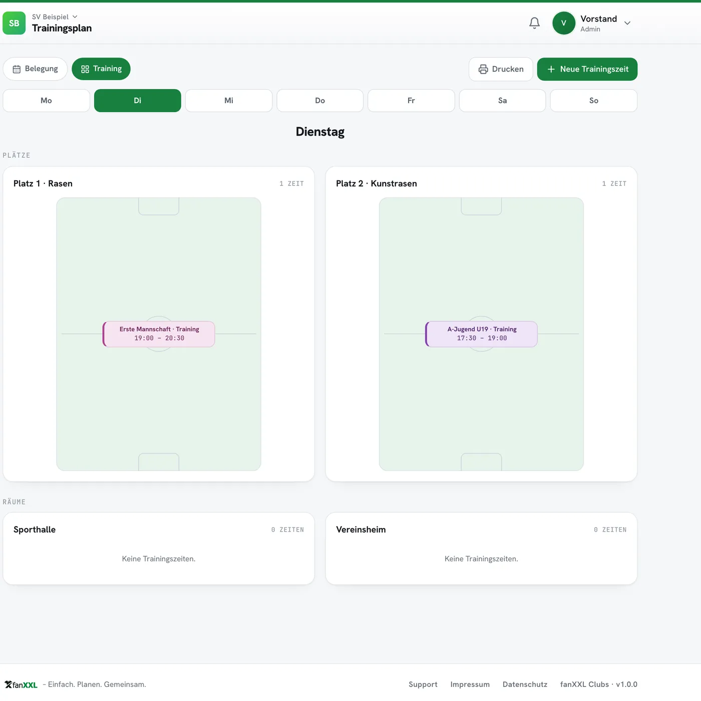 Trainingsplan in der Web-App: Dienstag mit Trainingszeit auf Platz 1